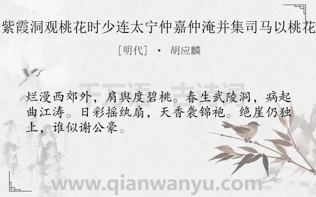 《春日司马公同携王姬入紫霞洞观桃花时少连太宁仲嘉仲淹并集司马以桃花源美人家为韵分得桃字》作者是明代的胡应麟.诗词全文约共48字.