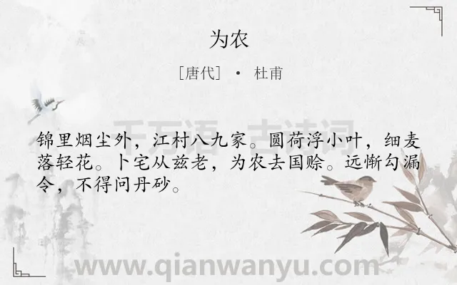 《为农》作者是唐代的杜甫.本诗词属于生活;志向;写景类诗词.诗词全文约共48字. 《为农》作者是唐代的杜甫.本诗词属于生活;志向;写景类诗词.诗词全文约共48字.