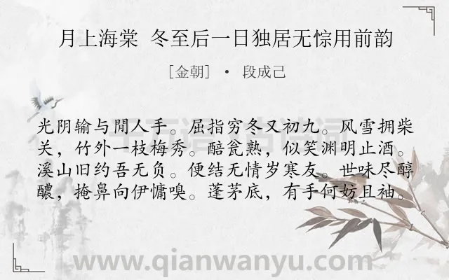《月上海棠 冬至后一日独居无悰用前韵》作者是金朝的段成己.诗词全文约共80字.