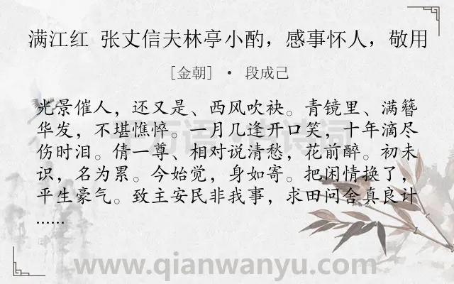 《满江红 张丈信夫林亭小酌，感事怀人，敬用》作者是金朝的段成己.诗词全文约共115字.