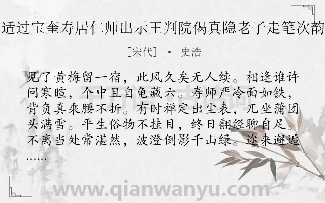《适过宝奎寿居仁师出示王判院偈真隐老子走笔次韵》作者是宋代的史浩.诗词全文约共128字.
