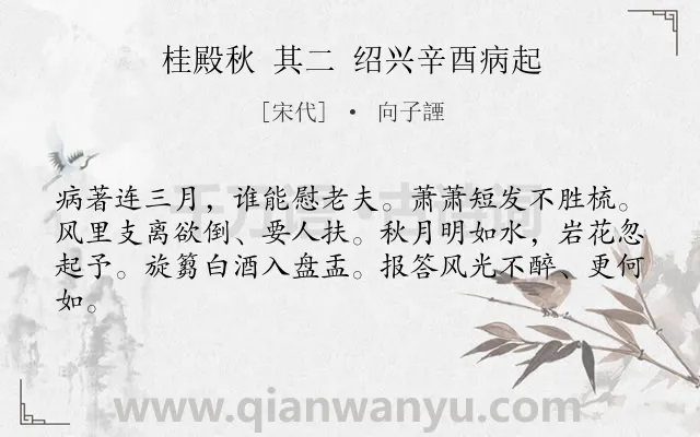 《桂殿秋 其二 绍兴辛酉病起》作者是宋代的向子諲.诗词全文约共62字.