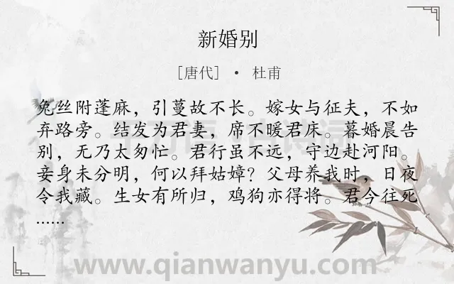 《新婚别》作者是唐代的杜甫.本诗词属于高二;八年级;六年级;五年级;叙事;战争;妇女;离别类诗词.诗词全文约共192字. 《新婚别》作者是唐代的杜甫.本诗词属于高二;八年级;六年级;五年级;叙事;战争;妇女;离别类诗词.诗词全文约共192字.