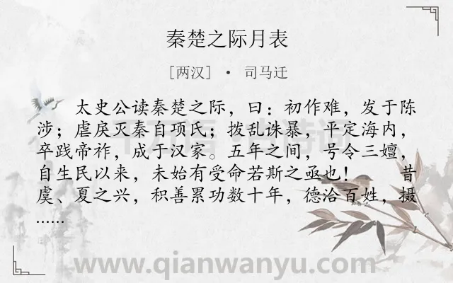 《秦楚之际月表》作者是两汉的司马迁.本诗词属于古文观止;序文类诗词.诗词全文约共352字. 《秦楚之际月表》作者是两汉的司马迁.本诗词属于古文观止;序文类诗词.诗词全文约共352字.