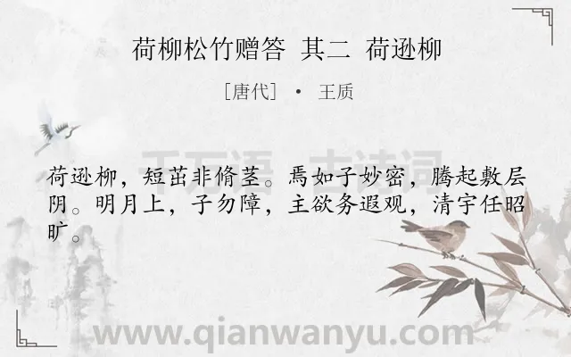 《荷柳松竹赠答 其二 荷逊柳》作者是唐代的王质.诗词全文约共42字.