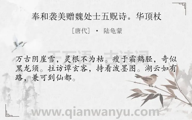 《奉和袭美赠魏处士五贶诗。华顶杖》作者是唐代的陆龟蒙.诗词全文约共48字.