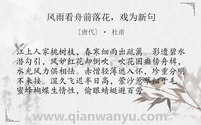 《风雨看舟前落花，戏为新句》作者是唐代的杜甫.诗词全文约共96字.