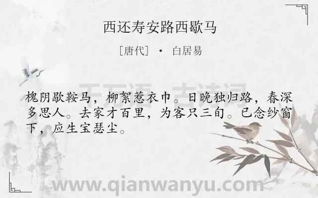 《西还寿安路西歇马》作者是唐代的白居易.诗词全文约共48字.