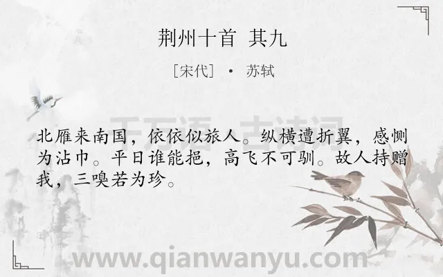 《荆州十首 其九》作者是宋代的苏轼.诗词全文约共48字.