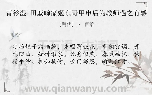 《青衫湿 田戚畹家姬东哥甲申后为教师遇之有感》作者是明代的曹溶.诗词全文约共59字.