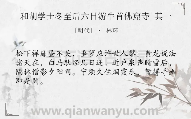 《和胡学士冬至后六日游牛首佛窟寺 其一》作者是明代的林环.诗词全文约共64字.