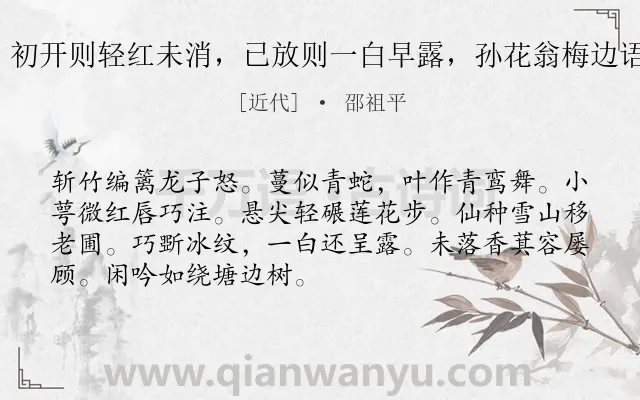 《凤栖梧 手种雪山大豆作花，初开则轻红未消，已放则一白早露，孙花翁梅边语妙，可以同证矣。欣然赋此》作者是近代的邵祖平.诗词全文约共70字.