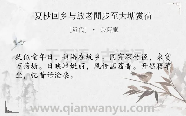 《夏杪回乡与放老閒步至大塘赏荷》作者是近代的余菊庵.诗词全文约共48字.