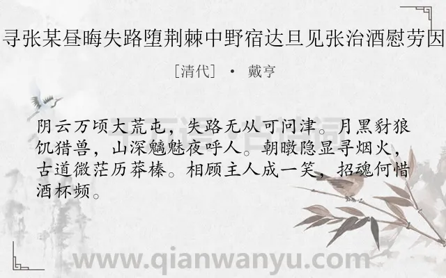 《老虎洞寻张某昼晦失路堕荆棘中野宿达旦见张治酒慰劳因述其事》作者是清代的戴亨.诗词全文约共64字.