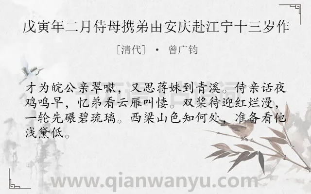 《戊寅年二月侍母携弟由安庆赴江宁十三岁作》作者是清代的曾广钧.诗词全文约共64字.