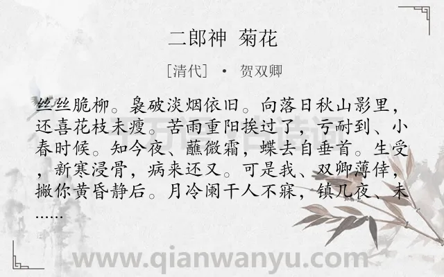 《二郎神 菊花》作者是清代的贺双卿.诗词全文约共120字.