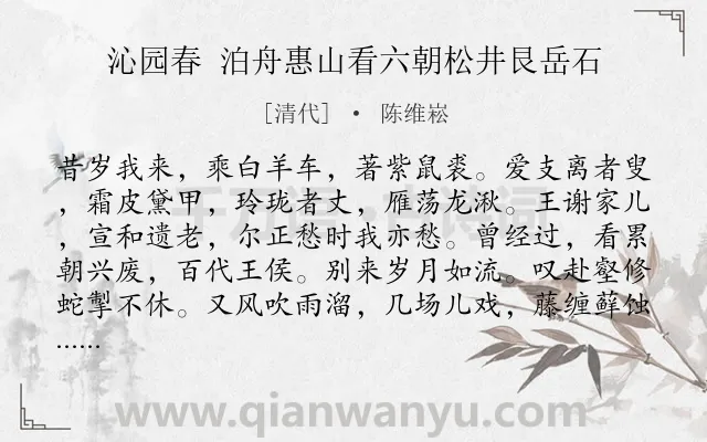 《沁园春 泊舟惠山看六朝松井艮岳石》作者是清代的陈维崧.诗词全文约共139字.