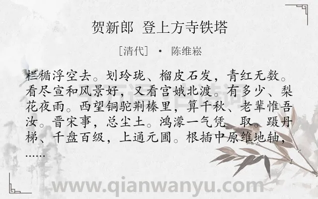 《贺新郎 登上方寺铁塔》作者是清代的陈维崧.诗词全文约共142字.